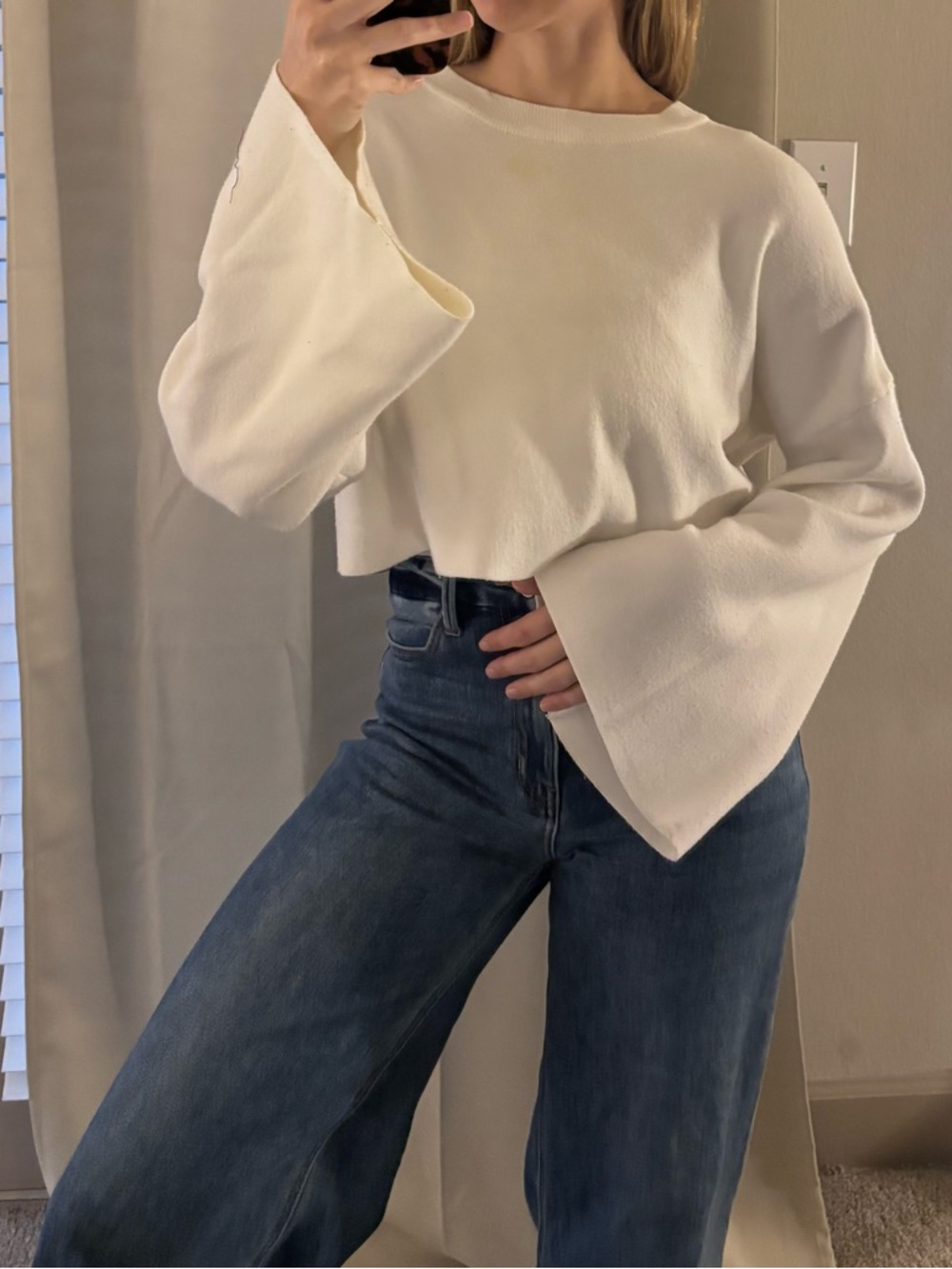 Olivaceous Cream Wide-Sleeve Cropped Sweater